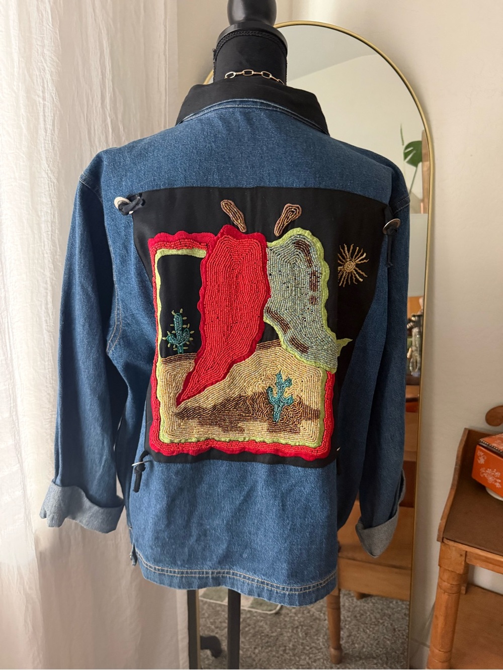 Vintage ultimate bead Embroidered Blue Denim Jean Jacket with Desert beading